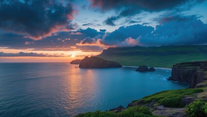 Fototapeta premium Dramatic Coastal Landscape During Sunset with Calm Waters and Cloudy Sky Over the Island Ideal for Scenic Background and Text Space