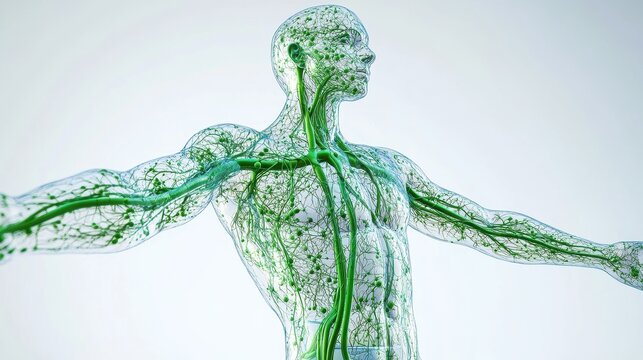 Comprehensive 3D illustration of human lymphatic system, isolated on white background. 