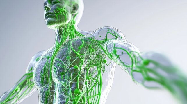 Comprehensive 3D illustration of human lymphatic system, isolated on white background. 