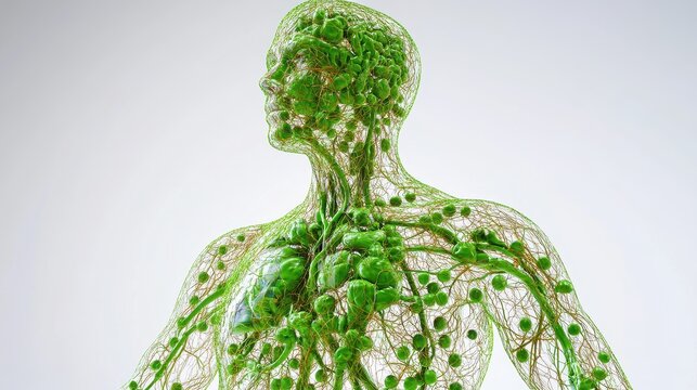 Comprehensive 3D illustration of human lymphatic system, isolated on white background. 