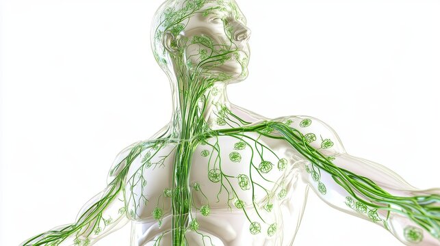 Comprehensive 3D illustration of human lymphatic system, isolated on white background. 
