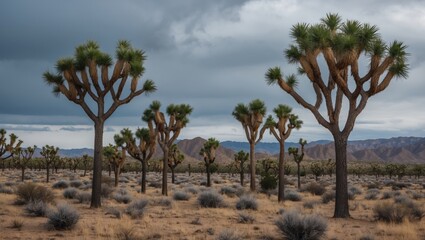 Majestic Joshua trees silhouetted against a dramatic cloudy sky in a serene desert landscape.