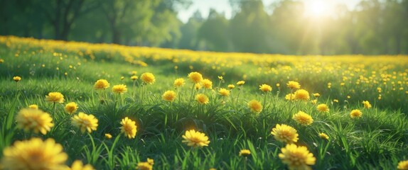 Sunlit Meadow Filled With Vibrant Yellow Flowers Amidst Lush Green Grass Perfect For Text Overlay And Nature Inspired Designs