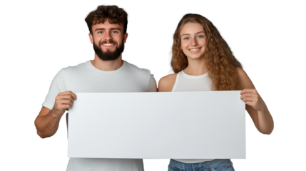 Smiling young couple holding blank white sign together on transparent background