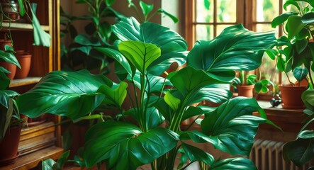 Lush green leaves of a tropical houseplant creating a vibrant indoor garden atmosphere with warm sunlight filtering through windows.