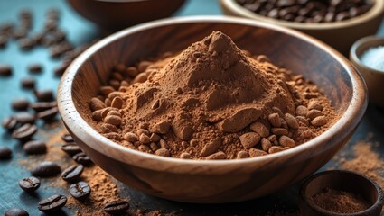 Coffee powder and instant coffee mixed with sugar in a wooden bowl with whole coffee beans surrounding it on a rustic background.