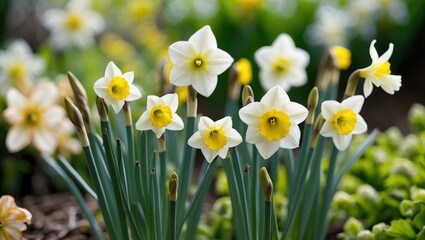 Narcissus Daffodils Blooming Vibrantly in a Colorful Spring Flower Garden Display