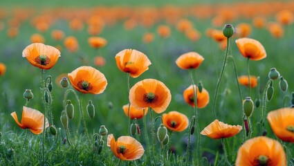 Obraz premium Vibrant Orange Poppy Flowers Blooming in a Lush Green Grassland Under Bright Natural Light