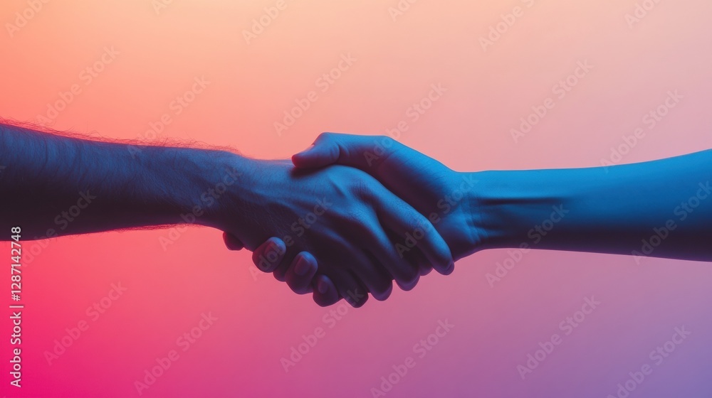Poster Two hands shake against a colorful gradient background symbolizing unity and cooperation in modern interactions. Generative AI