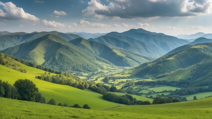 Obraz premium Serene Landscape of Lush Green Mountains and Valleys Under a Blue Sky with Scattered Clouds