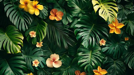 Fototapeta premium Lush Tropical Foliage With Vibrant Yellow And Orange Flowers