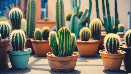 Cacti Variety in Pots with Oblong Cactus Centered and Soft Natural Lighting Ideal for Text Overlay in a Desert-Themed Setting