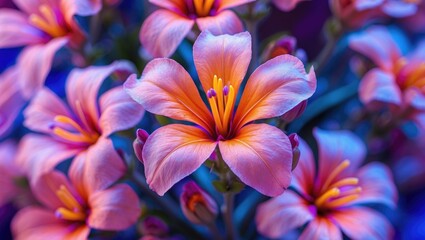 Obraz premium Stunning macro shot of vibrant orange and pink flowers with intricate details and soft lighting ideal for floral themed designs.