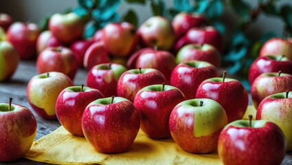 Vibrant red apples arranged on a yellow napkin showcasing organic healthy food in a rustic setting. Perfect for a fresh produce theme.
