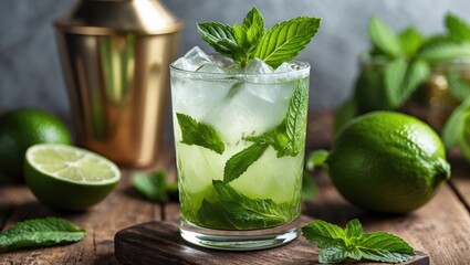 Refreshing Mojito Cocktail Served With Fresh Mint Leaves And Lime On Rustic Wooden Table