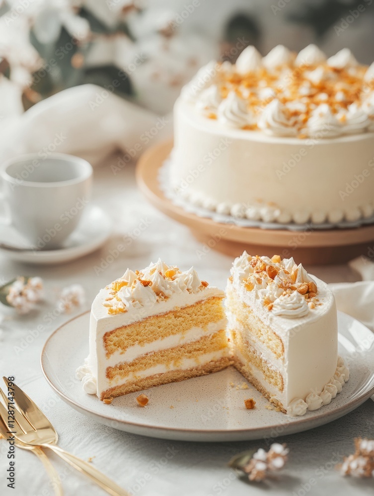 Poster delicious layered vanilla cake displayed on a plate with elegant decorations and fresh flowers in a 