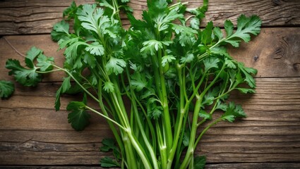 Fresh Coriander Bunch on Rustic Wooden Table Ideal for Culinary Use or Food Photography