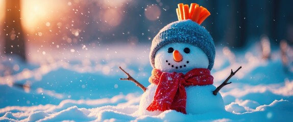 Cheerful snowman adorned with carrot nose and cozy accessories in a snowy landscape during a beautiful winter sunset.