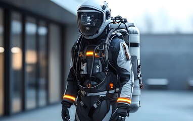 Naklejka premium A futuristic astronaut in a sleek space suit showcases advanced technology. The intricate design includes bright accents, emphasizing innovation and exploration in the cosmos.