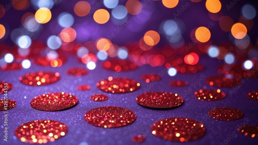 Wall mural vibrant multicolor glitter background with shimmering red circles on deep purple surface creating a 