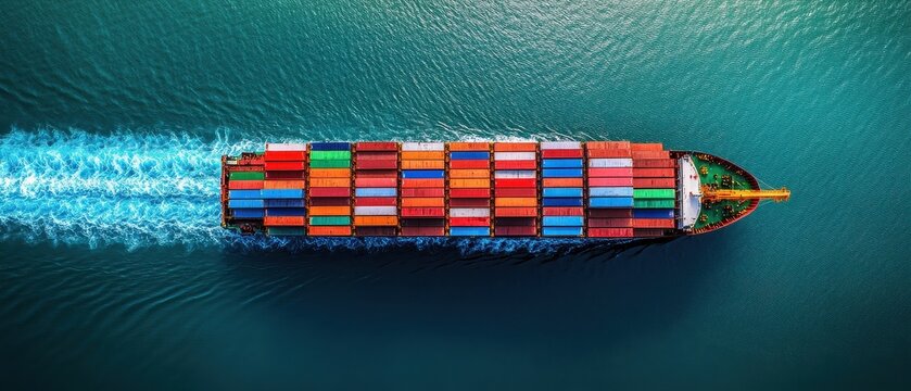 Container ship in import export and business logistic.By crane ,Trade Port , Shipping.cargo to harbor.Aerial view.Water transport.International.Shell Marine.Top view.