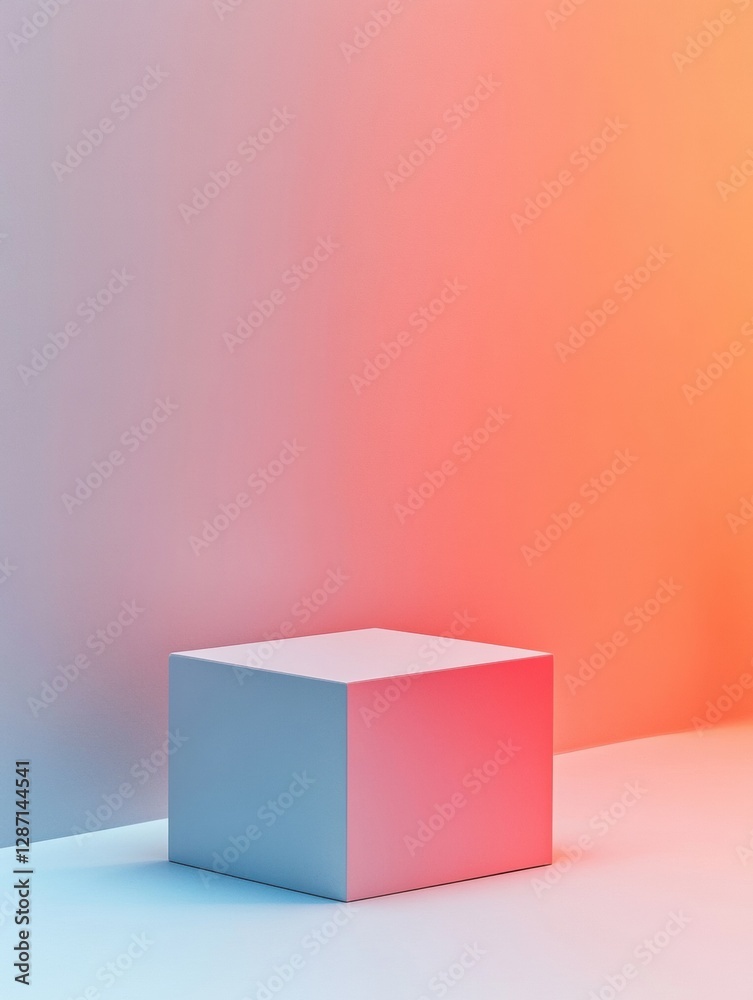 Poster Minimalist cube illuminated by soft ambient light in a modern setting with warm and cool tones during the day. Generative AI