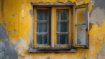 Weathered window on a peeling yellow wall showcasing rustic charm and historical significance in urban decay.