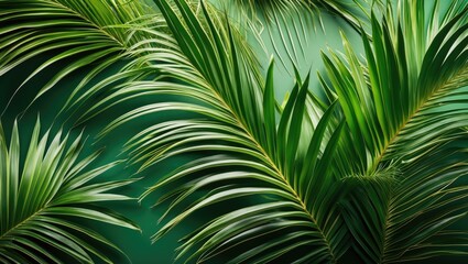 Lush closeup of tropical palm leaves against a vibrant green background showcasing nature's beauty and tranquility.