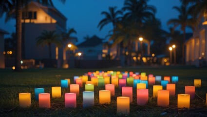 Colorful LED candles illuminate a lush garden at twilight creating a serene and enchanting nighttime atmosphere.