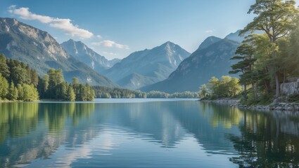Serene Lakeside Landscape with Majestic Mountains and Reflected Tree Line in Calm Waters