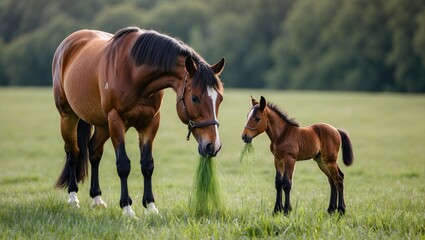 Fototapeta premium Mare and her foal grazing together in a lush green field, showcasing the bond between mother and young horse in a serene outdoor setting.