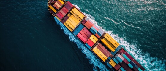 Fototapeta premium Container ship in import export and business logistic.By crane ,Trade Port , Shipping.cargo to harbor.Aerial view.Water transport.International.Shell Marine.Top view.