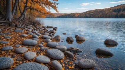 Serene Autumn Lake View with Stones Along the Shore Surrounded by Vibrant Fall Foliage and Reflections on Calm Water Surface.