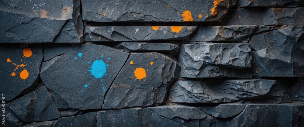 Poster textured stone surface with colorful paint splashes creating an abstract background suitable for cre