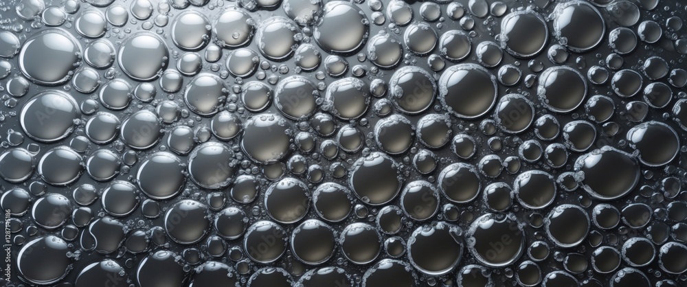 Poster metallic surface featuring numerous oil and water bubbles creating an intriguing abstract pattern an