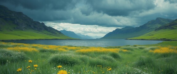 Fototapeta premium Lush Meadow by the Coast with Mountains in the Background under Dramatic Cloudy Spring Sky and Open Space for Text Overlay