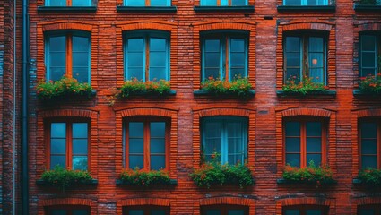 Obraz premium Brick facade with multiple windows featuring flower boxes creating a vibrant urban aesthetic in an architectural setting.