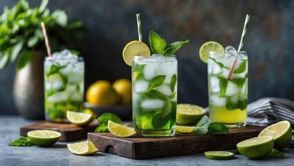 Fototapeta premium Refreshing Mojito Cocktails Garnished with Fresh Mint and Lime Slices on a Rustic Serving Board with Lemons in the Background
