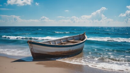 Obraz premium Serene Beach Scene with Lonely Boat Against Bright Blue Sea and Clear Sky Ideal for Relaxation and Travel Concepts