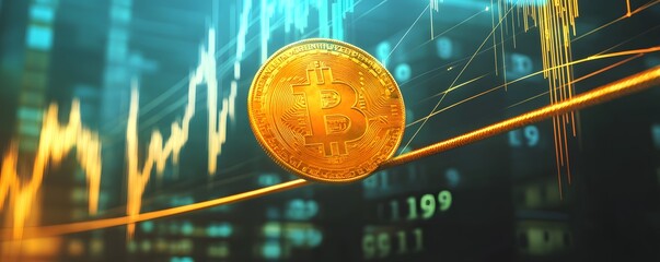 A striking image of a gold cryptocurrency coin soaring amidst dynamic financial graphs. Perfect representation of digital investment trends and economic growth in modern finance.