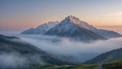 Majestic Mountain Landscape at Dawn Surrounded by Fog and Lush Green Hills with a Serene Atmosphere