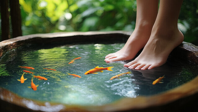 A pair of feet are submerged in a fish spa pool surrounded by vibrant orange fish.