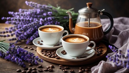 Serene morning coffee setup with cups, coffee pot, and lavender flowers on a rustic wooden table, creating a calming atmosphere.