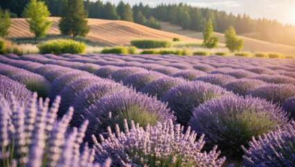 Fototapeta premium Lavender Field in Summer with Beautiful Blooming Purple Flowers and Tranquil Landscape Ideal for Text Overlay or Relaxation Themes