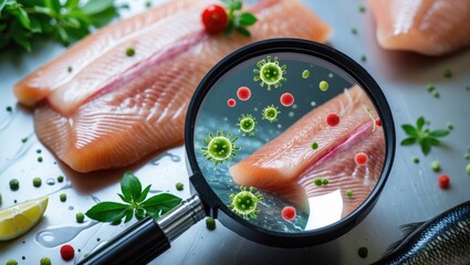 Magnifying Glass Revealing Germs On Fresh Raw Fish Highlighting Food Safety Concerns With Space For Text About Allergens And Bacteria