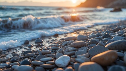 Close-up of pebbles on a beach with gentle waves and sunset light creating a serene atmosphere and beautiful bokeh effect in the background.