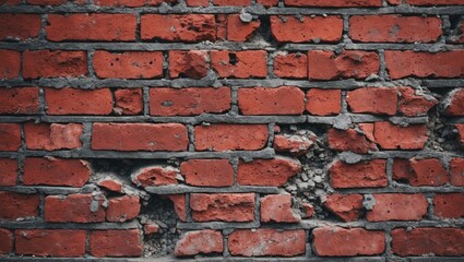 Weathered red brick wall with rough texture showcasing significant damage and imperfections in the brickwork revealing its aged character.