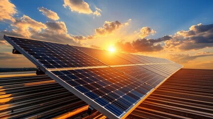 Angled Solar Panels Gleam Atop Building Roof During Vibrant Golden Sunset