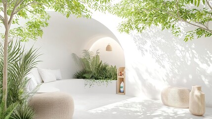 Minimalist White Room with Plants, Modern Interior Design, Relaxation Space