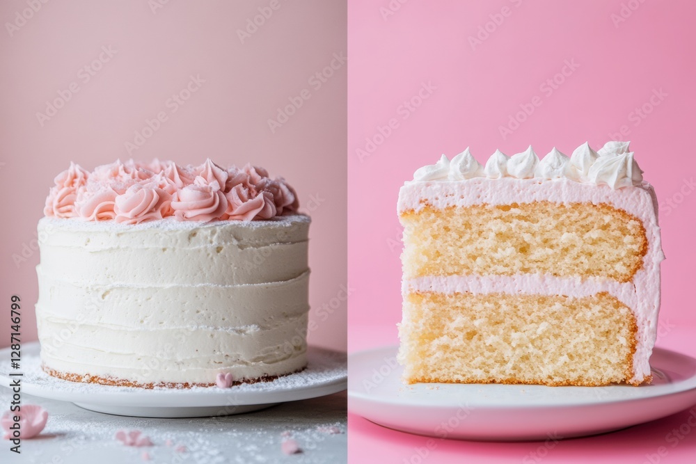 Poster delicious pink frosted cake with layers on display, showcasing a delightful dessert ready for celebr